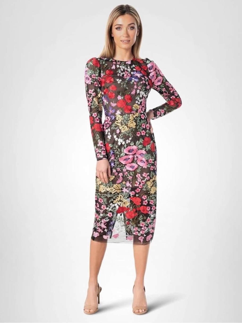 Dress The Population Black Floral Embroidered Long-Sleeve Midi Dress